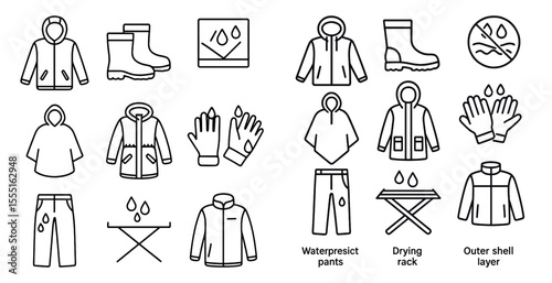 Set of clothing icons with a water resistant and drying outer shell. The icons include a jacket, gloves, and boots