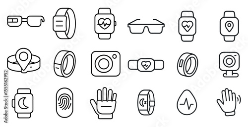 Collection of various smart watch icons and accessories. The collection includes a watch, a camera, a heart, a pair of glasses, a phone, a finger, a hand, and a wrist