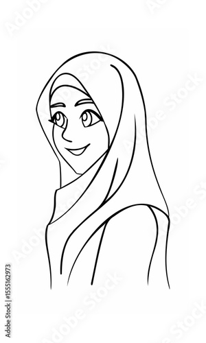 Smiling woman wearing hijab continous line art in on a background girl female