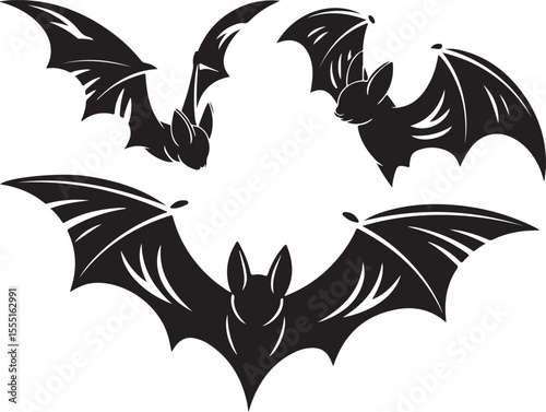 Flying Black Bats Silhouette Set for Halloween Design