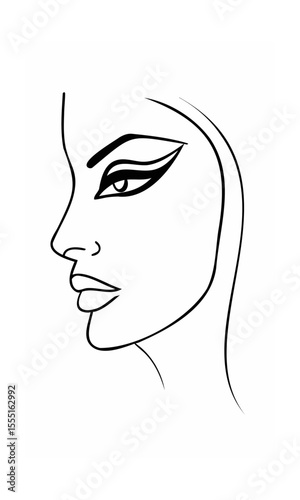 Continous line drawing of a woman's face profile with bold eyeliner lips on background