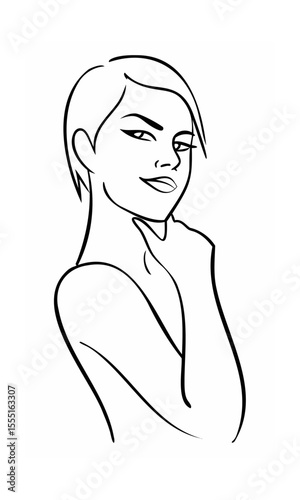Continous line drawing of a woman with short hair smiling touching her neck face