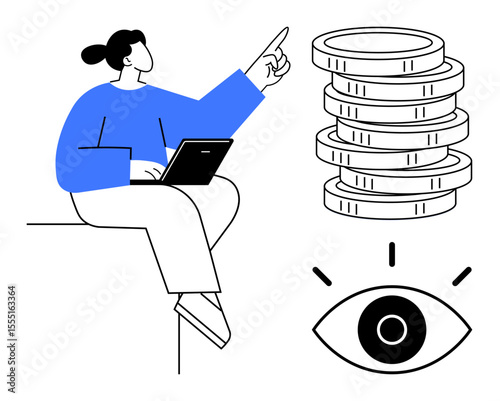 Woman holding laptop gestures upward, surrounded by coins and an abstract eye. Ideal for finance, analytics, vision, innovation, business growth, strategy awareness. Simple flat metaphor