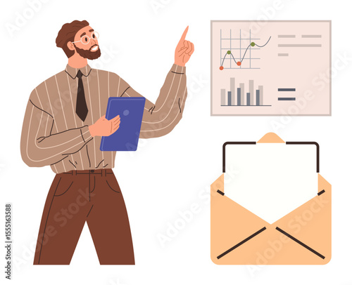 Man presenting data trends on a chart board, holding a folder. Open envelope with paper signifies communication. Ideal for business analysis, reporting, teamwork, strategy, email communication