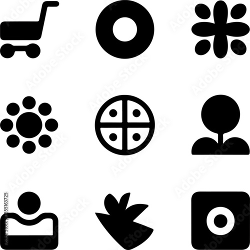 Nine black icons of a shopping cart a donut a flower a sun a circle a person a leaf and a camera collection