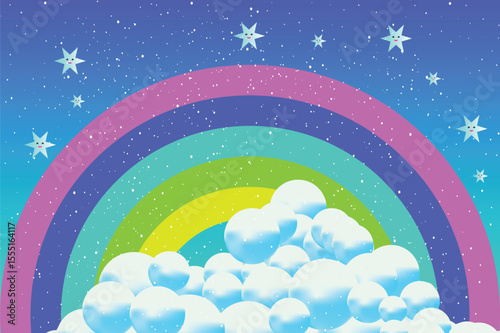 Rainbow and clouds with stars in a sky