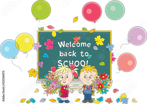 Happy little schoolboy and schoolgirl first graders with schoolbags and beautiful bouquets of colorful flowers at a holiday of school bell before start of classes in primary school, vector cartoon
