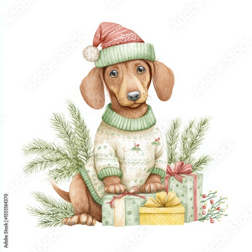 Cute dog in festive sweater and hat sitting among holiday presents with greenery for a joyful seasonal celebration