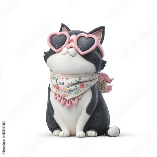 Playful cat figurine wearing heart-shaped sunglasses and a floral scarf sits happily against a plain background