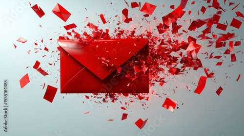 Exploding red envelope; digital art depicting communication overload, email spam, message burst.