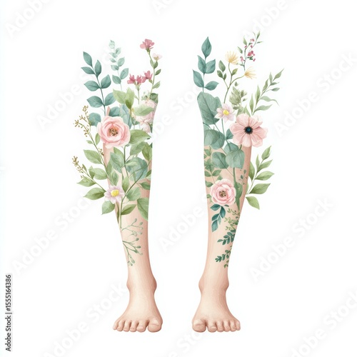 Artistic depiction of legs covered in floral designs showcasing nature's beauty and creativity