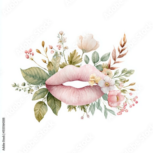 Floral lips design showcasing soft colors and delicate flowers in a modern artistic composition suitable for decorative purposes