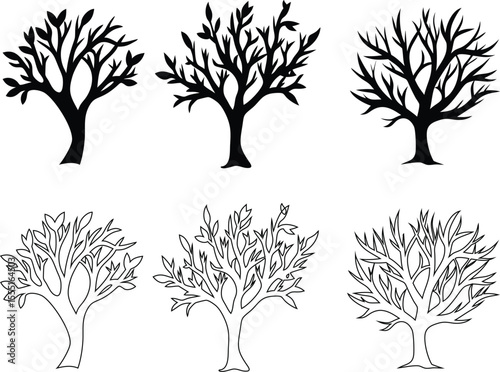 Tree silhouette, outline, and flat icon set. Perfect for eco design, nature apps, or landscaping visuals.