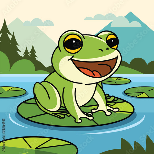 A frog sits on a lily leaf above the water vector illustration.