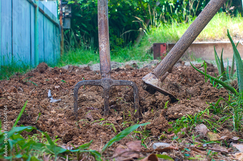 Wallpaper Mural Close-up of freshly plowed earth with a pitchfork stuck upright in the soil and a hoe lying beside it, symbolizing farming tools ready for agricultural work

 Torontodigital.ca