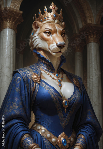 Antropomorfismo, furry, leona, retrato, arte, mujer, elegante, ornamenta, coron
