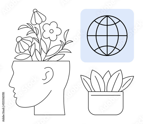 Human head with blooming flowers representing creativity, growth, and ideas. Potted plant signifying nature and sustainability. Globe depicting global connection. Ideal for creativity, mental health