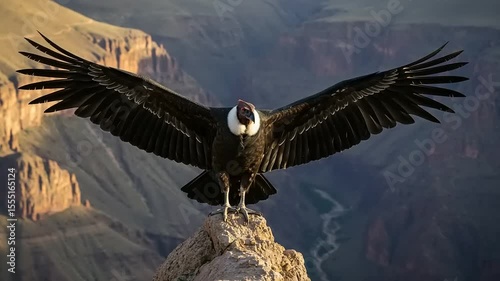 Andean condor perched on a mountain peak with wings outstretched.