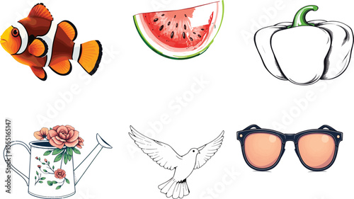 A collage of cartoon images featuring a fish, watermelon, pepper, watering can, dove and glasses illustration vector set collection