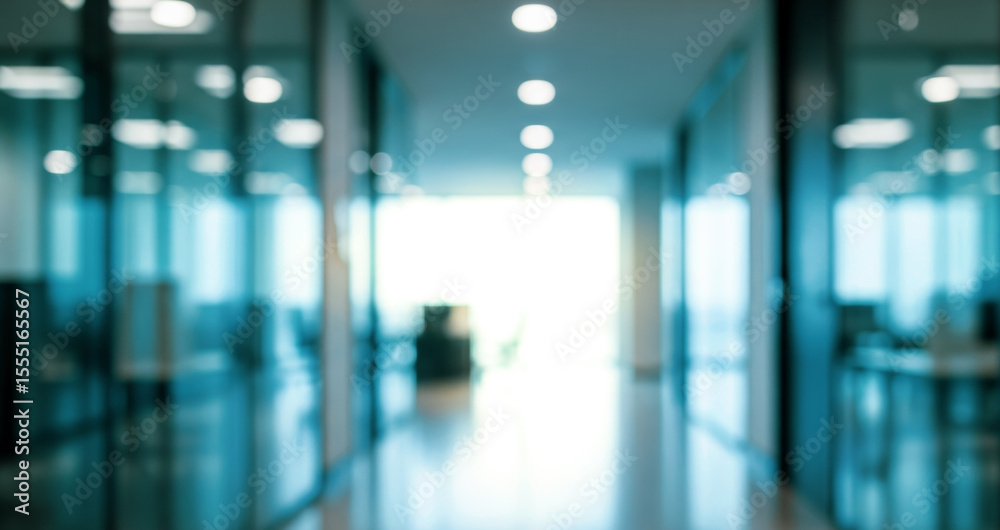 Fototapeta premium Blurred office hallway with glass walls and bright light at the end.