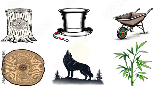 A collage of a tree stump, tree ring, top hat, wolf, wheelbarrow and bamboo against black background illustration vector set collection