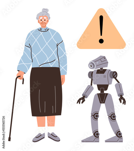 Elderly woman standing with cane beside humanoid robot and exclamation in triangle. Ideal for technology ethics, aging, innovation, assistance, safety, AI, futuristic concepts. A simple flat metaphor