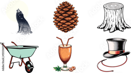 Illustration of a wolf howling at the moon, pine cone, tree stump, wheelbarrow, drink, and hat illustration vector set collection