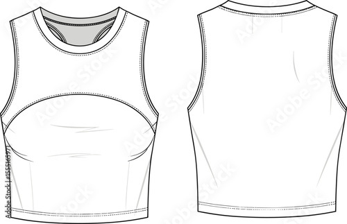 Sleeveless sports crop top front back view, fashion technical sketch, CAD flat drawing, athletic fit tank top vector template, gym wear illustration
