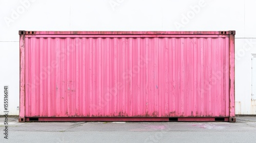 Pink shipping container against white wall.