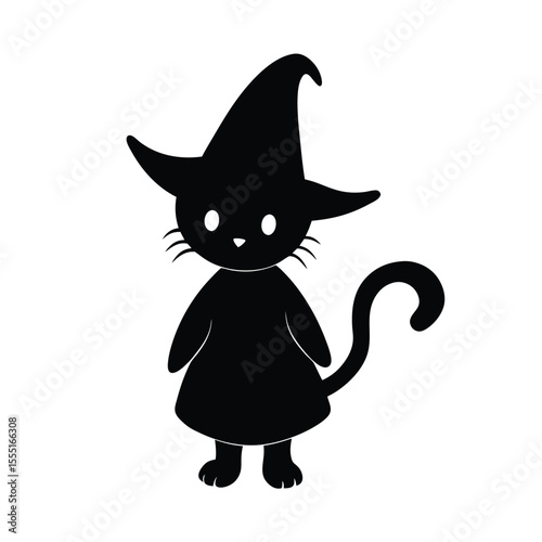 Cartoon kitten in witch costume silhouette