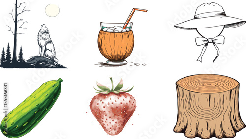 A collage of a wolf howling at the moon, a coconut drink, a hat, cucumber, strawberry, and stump illustration vector set collection