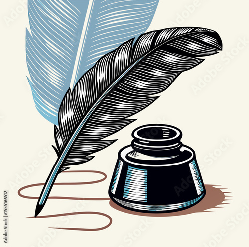 Vintage Quill Pen and Inkwell Illustration
