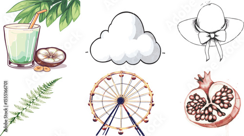 Illustration featuring a smoothie, mangosteen, cloud, bow, ferris wheel, and a pomegranate fruit illustration vector set collection