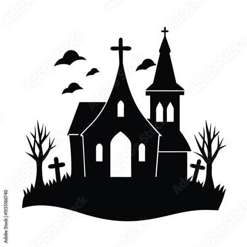 Church in foggy graveyard vector silhouette
