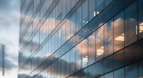Reflections of clouds on modern glass building facade
