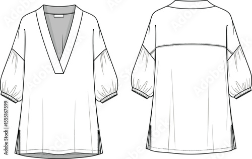 V-neck top fashion flat sketch, puff sleeve tunic blouse vector template, technical drawing, CAD apparel illustration for women’s wear design, clothing blueprint front back