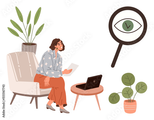 Woman sits on a chair holding documents near a laptop on a table. A magnifying glass with an eye inside looms, symbolizing focus and analysis. Ideal for productivity, research, digital work