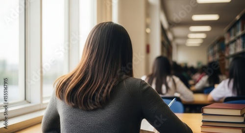 Student studying diligently in library, natural light focus