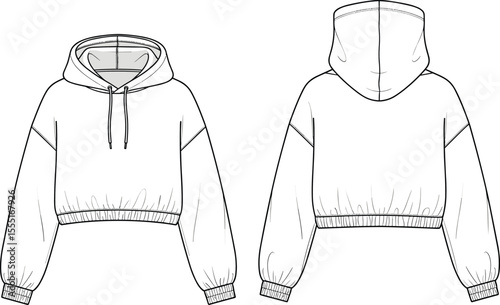 Cropped hoodie sweatshirt flat sketch front and back view, vector fashion cad drawing, casual streetwear top template for women, hooded pullover illustration