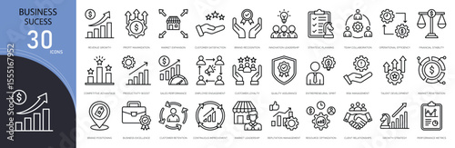 Business success related icon collections. Containing trophy, goal, growth, achievement, target, chart, success, leader, plan, and performance icons. Outline icons.