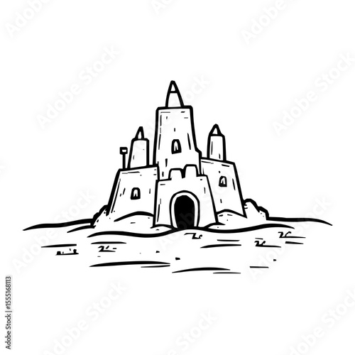 Detailed Illustration of a Minimalistic Sand Castle Icon with Clean Vector Lines and Bold Black Outlines Against a Crisp White Background