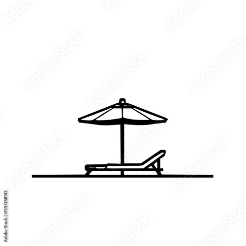 Artistic Sleek Line Vector Beach Icon with Refined Black Contours and Simple Shapes on a Stark White Background