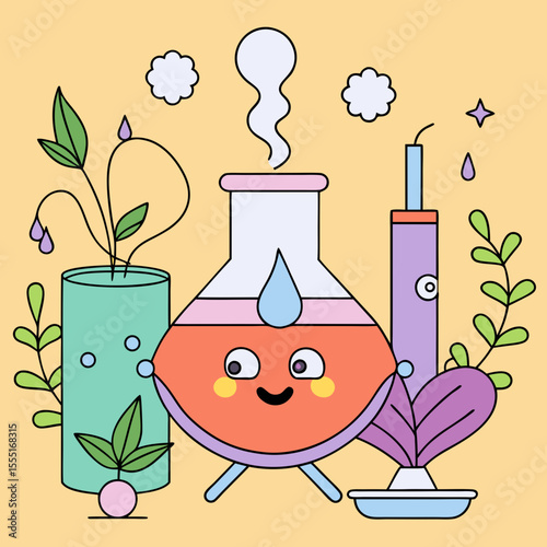 Cute aromatherapy flasks with plants and herbs