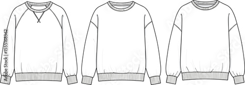 Crewneck sweatshirt flat sketch front view, fleece top fashion cad drawing, vector apparel template for men and women, casual wear design illustration