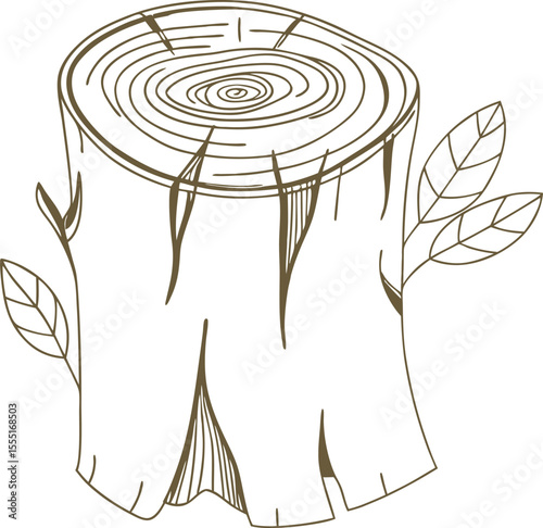 Hand-drawn tree stump with detailed growth rings and emerging leaves. Ideal for forest-themed art, nature education, or eco-friendly graphics. Monochrome sketch for organic design use.