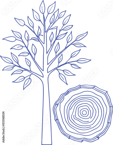 Blue line art illustration of a tree with leaves next to a cross-section tree trunk showing growth rings. Ideal for forestry, wood science, nature education, sustainability, and eco-themed designs.