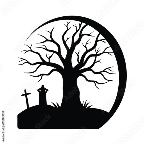 Dead tree in graveyard vector silhouette