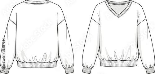 V-neck sweatshirt flat sketch, front and back technical drawing, long sleeve pullover template, ribbed cuff and hem design, casual fashion vector for apparel
