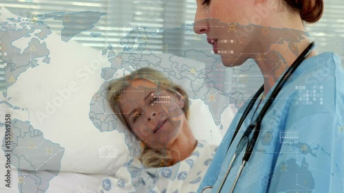 Nurse entering ward and reassuring patient while swiping tablet and showing animated health chart