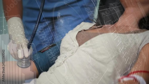 Nurse approaching patient at exam table placing stethoscope animating medical data for checkup
